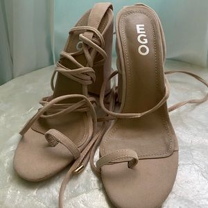 EGO OFFICIAL Nude Suede Lace Up Block Heels